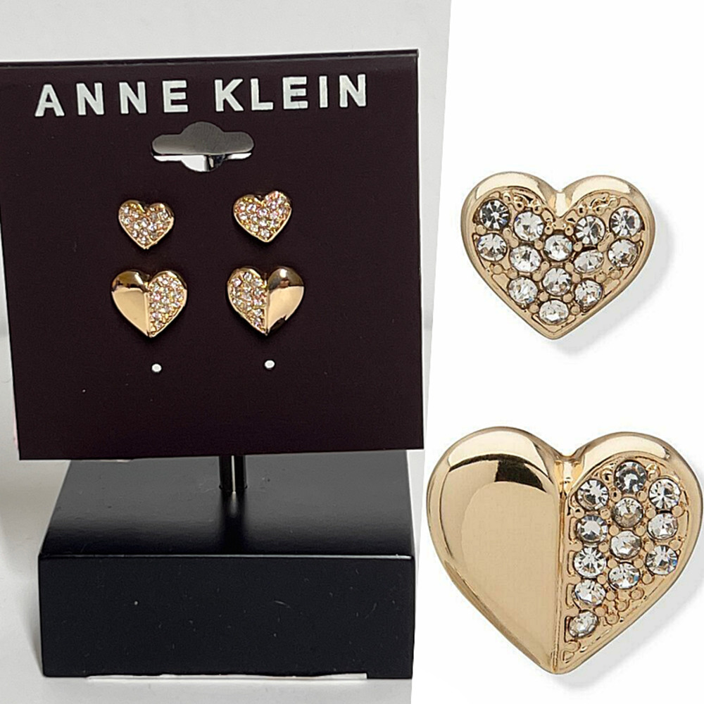 Anne Klein Timeless Elegant Gold Crystal Heart Stud Earrings Pave Duo Set Gift - Picture 1 of 8
